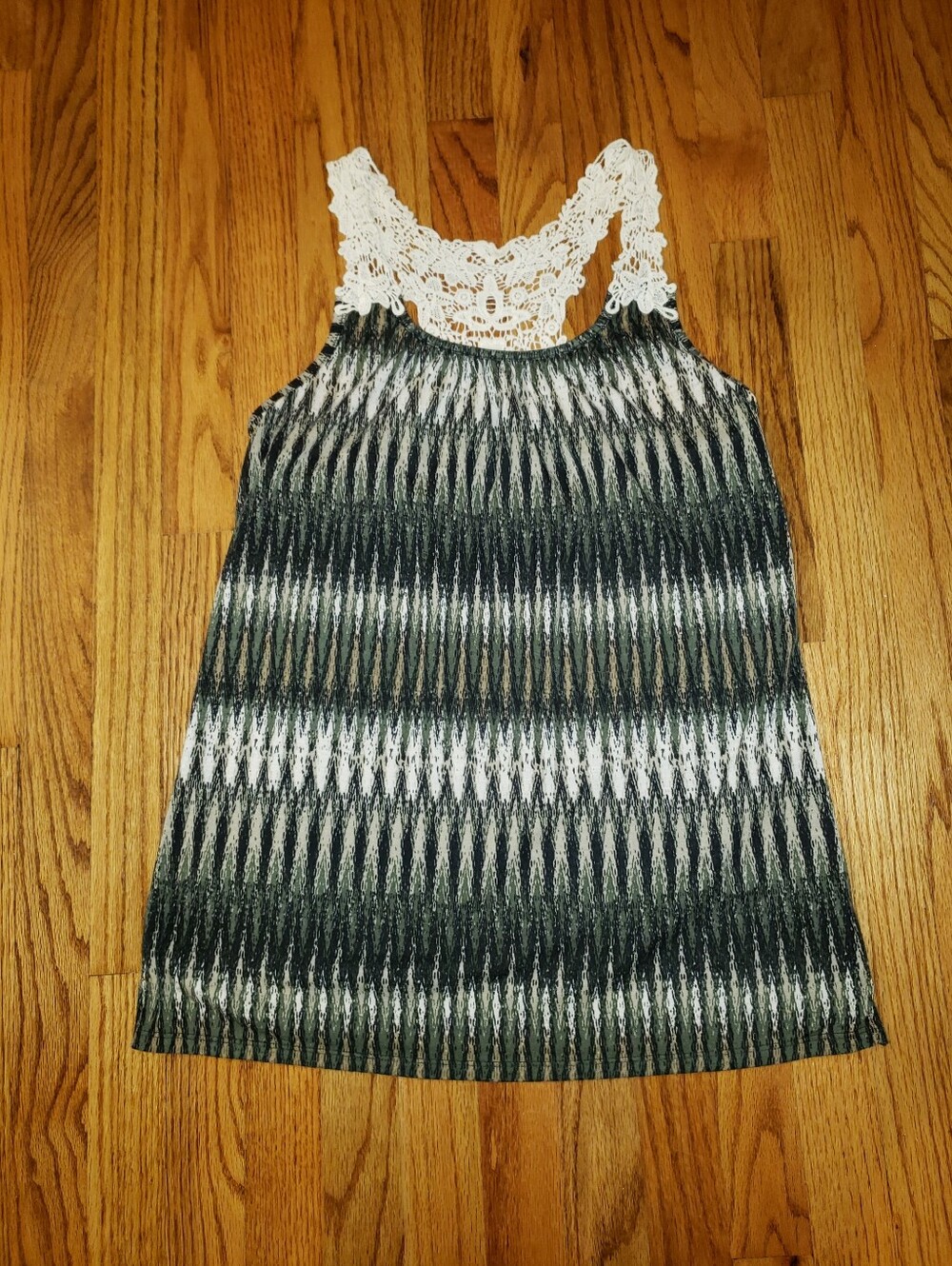 Laced Razorback Tank Top- army green, black & tan w/ cream lace size: S
